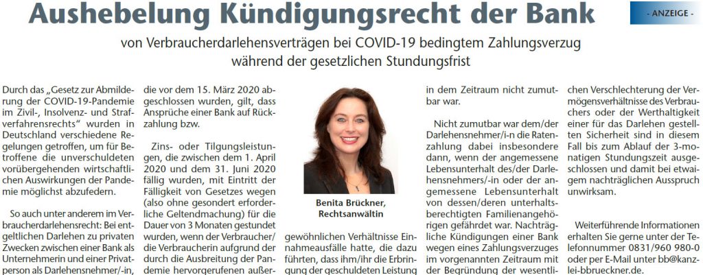 Vorübergehende Aushebelung Kündigungsrecht der Bank Benita Brückner
